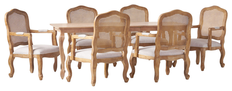 Bonview Fabric Upholstered Wood and Cane Expandable 7-Piece Dining Set, Natural Brown/Light Gray