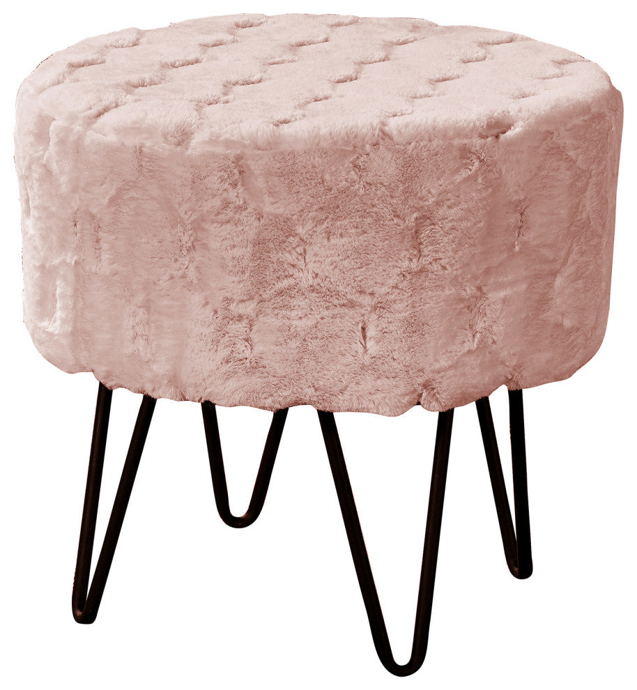 Jacquard Solid Faux Fur Round Ottoman, 18" x 18" x 18", Rose Smoke