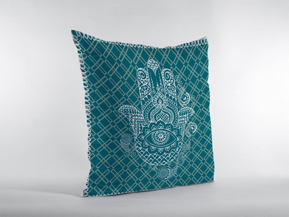 18 Teal White Hamsa Boho Suede Throw Pillow