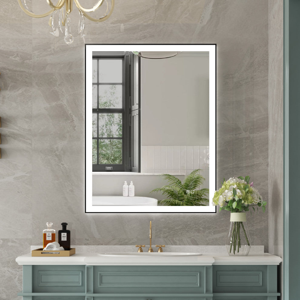Framed LED Lighted Bathroom Vanity Mirror With Defogger, Matte Black, 28"x36"