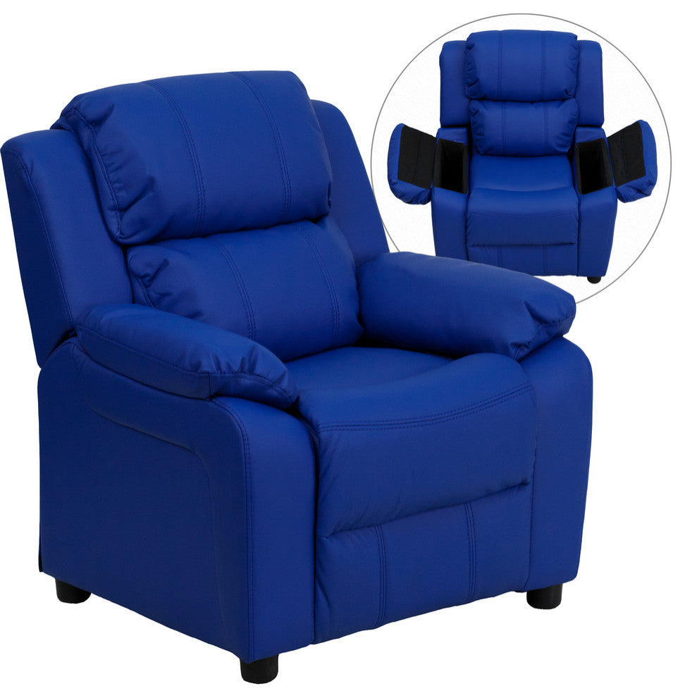 Deluxe Padded Contemporary Blue Vinyl Kids Recliner With Storage Arms