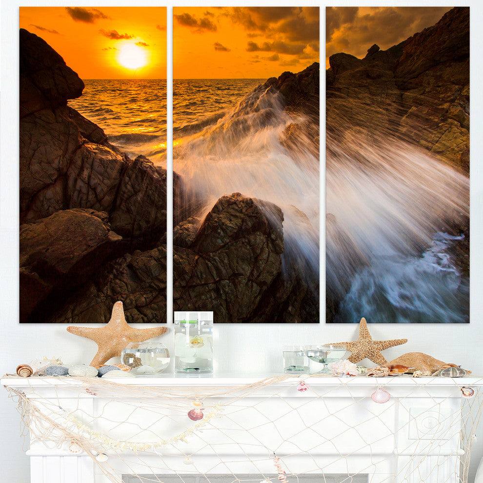 "Sunset Sea Wave Impact Rocks at Sunset" Metal Wall Art, 3 Panels, 36"x28"
