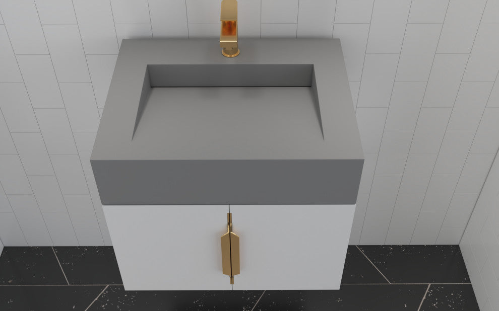 CastelloUSA Nile 24" Wall Mounted Bathroom Vanity Set, White, Gray Top, Gold Handles