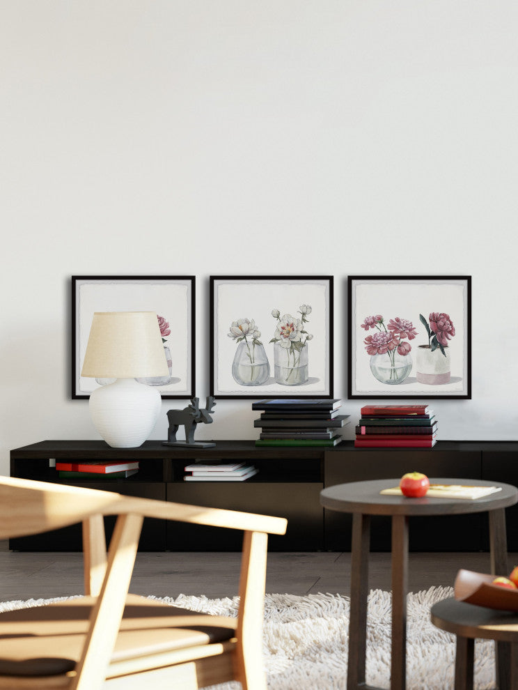Pretty Pink Flowers Triptych, Set of 3, 12x12 Panels