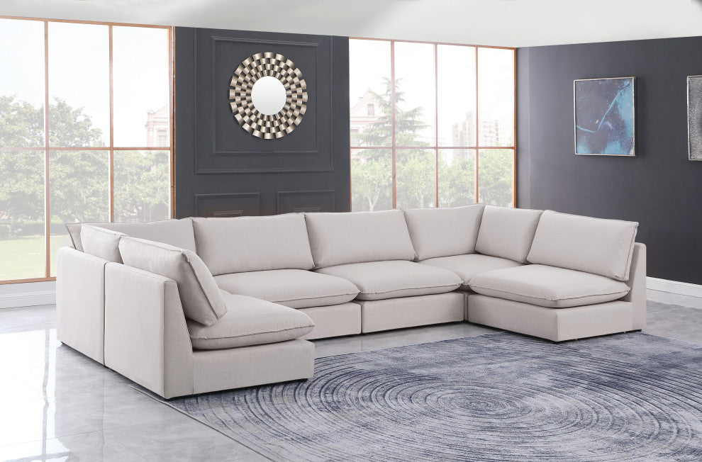 Mackenzie Linen Textured Fabric 6-Piece Modular U-Shaped Sectional, Beige