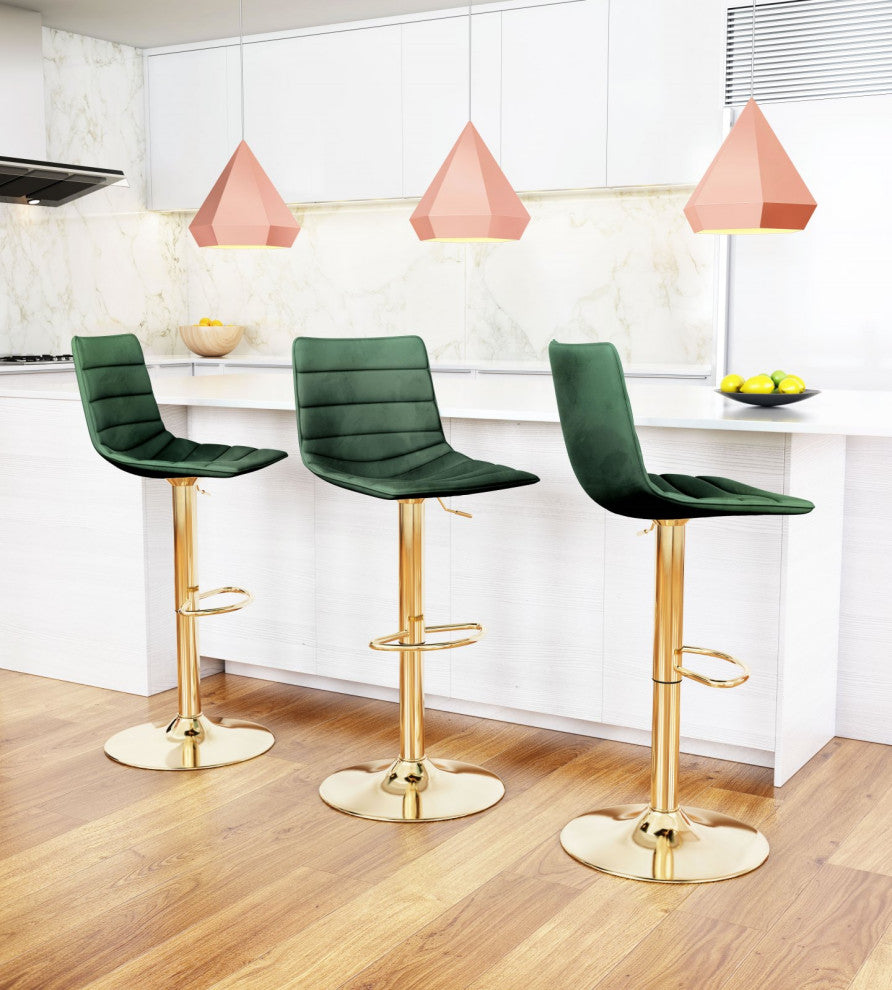 Bar Stool Chair Barstool, Steel Metal, Fabric, Green, Gold, Kitchen Cafe Bistro