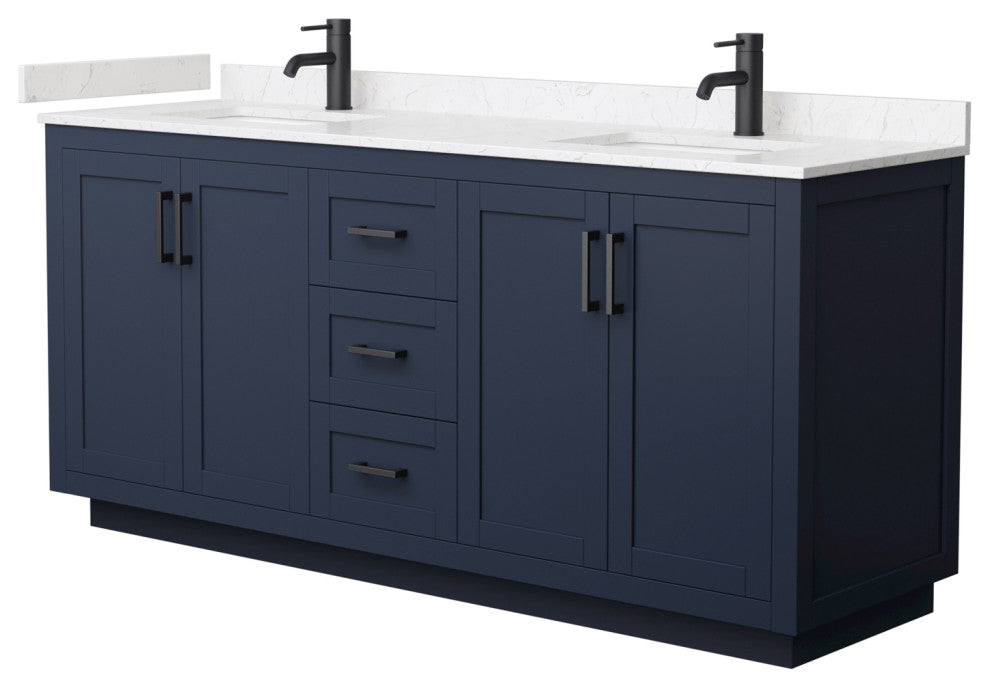 72"DBL Vanity Dark Blue, Light-Vein Carrara Cult. Marble Top, Sinks, Black Trim