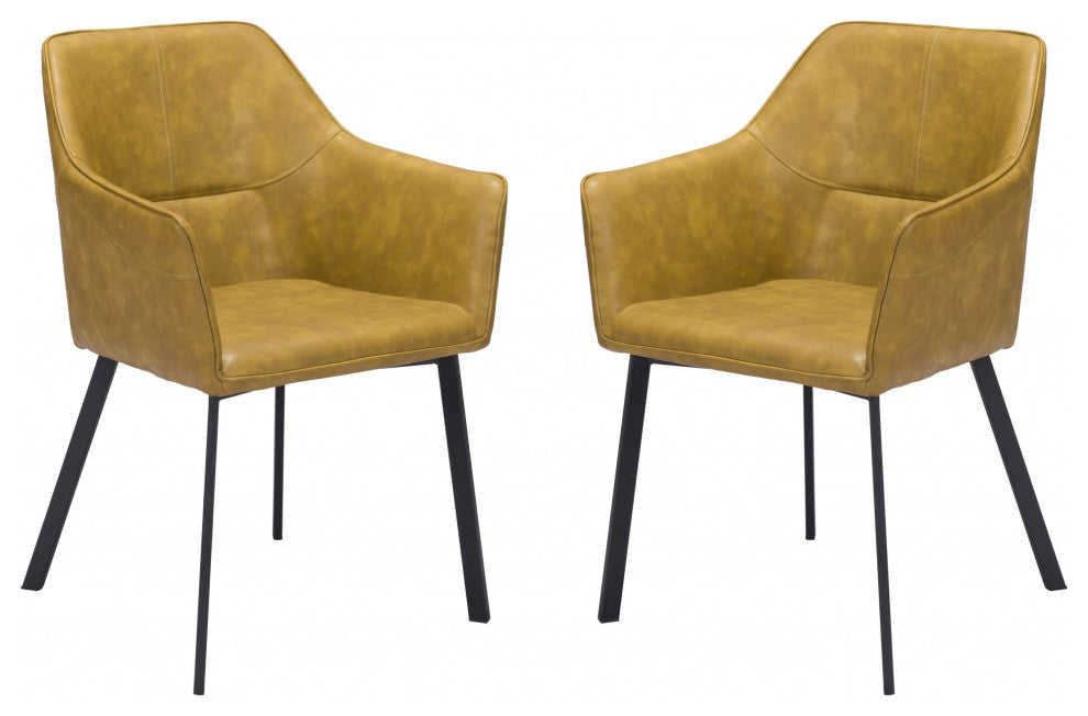Set of Two Vintage Look Faux Leather Yellow Brown Armchairs