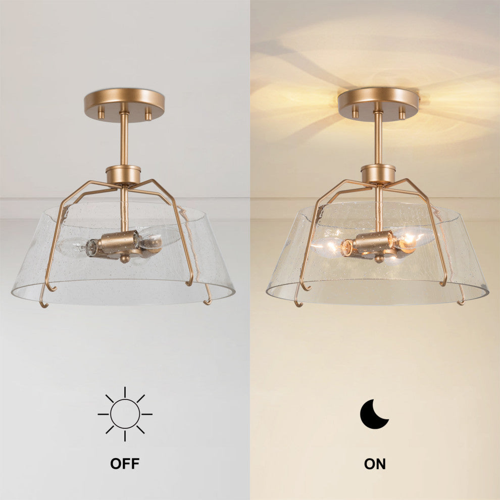 Modern 3-light Semi Flush Mount Gold Drum Ceiling Light Hollow Glass Shade