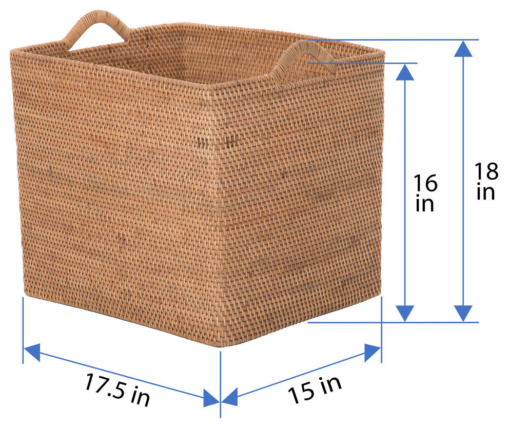 Loma Rectangular Tall Decorative Rattan Storage Basket with Ear Handles, Large, Honey Brown
