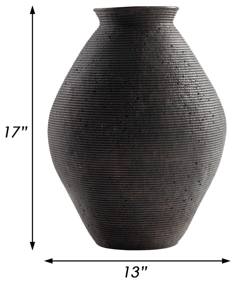 Benzara BM283063 17" Polyresin Vase, Tightly Ribbed Texture, Antique Brown