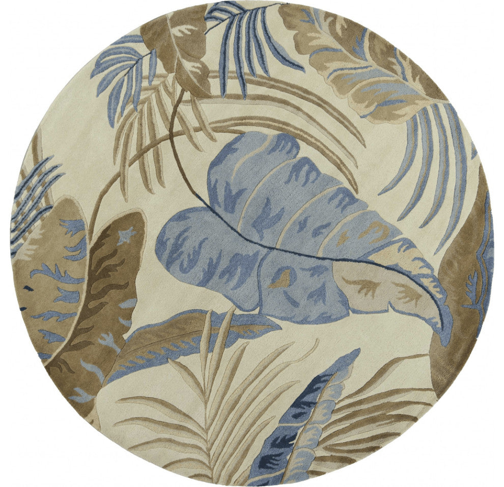 8' Ivory Blue Hand Tufted Tropical Leaves Round Indoor Area Rug