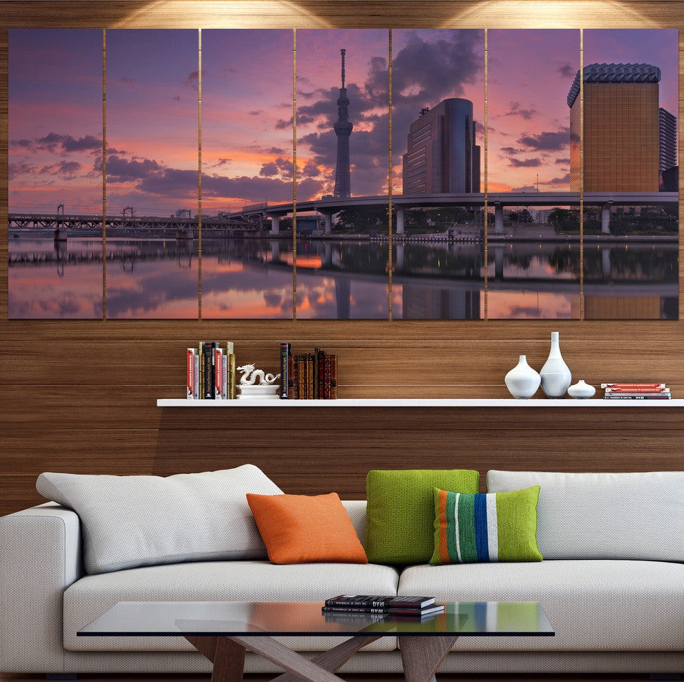 Tokyo Sky Tree and Sumida River, Landscape Canvas Art Print, 83"x32", 7 Panels