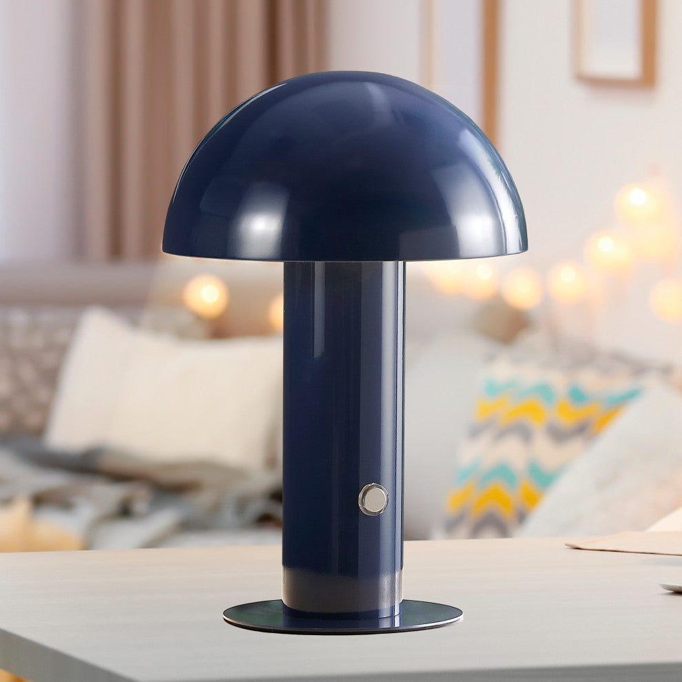 Boletus 10.75" Rechargeable/Cordless Iron LED Mushroom Table Lamp, Navy