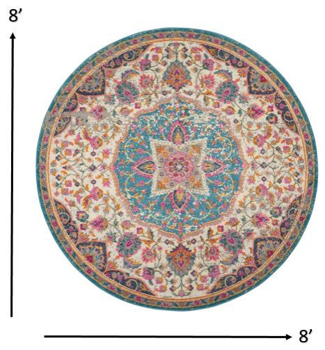 8 Round Pink and Blue Floral Medallion Area Rug