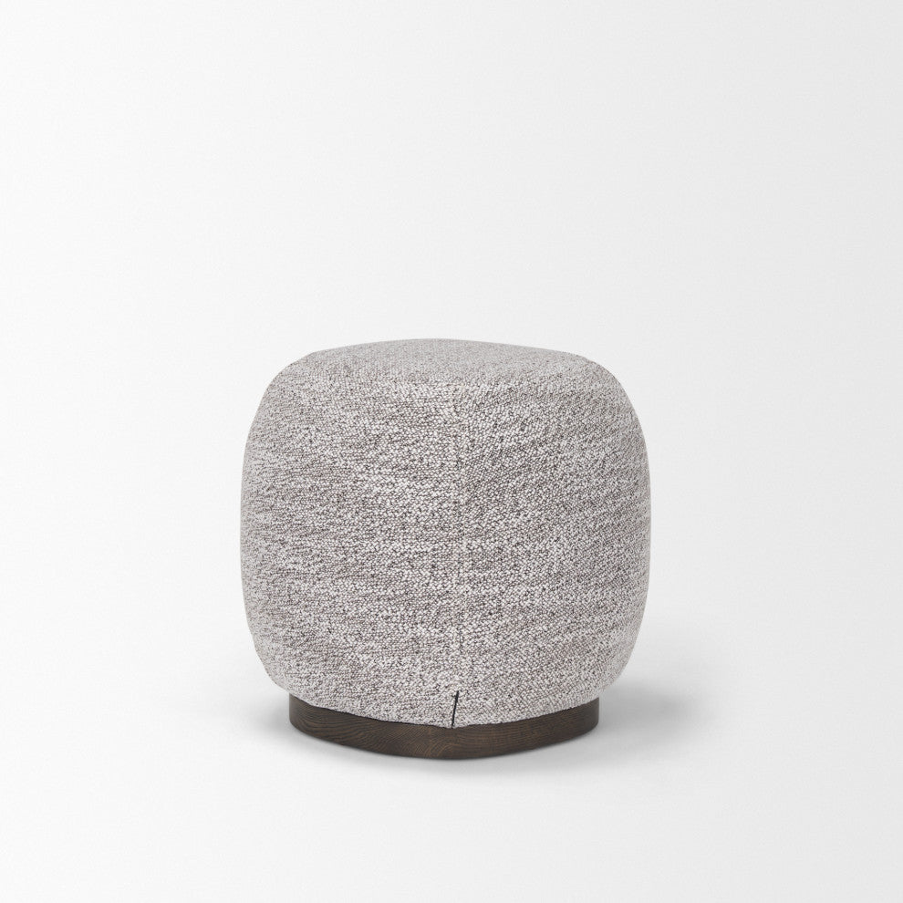 Siren Gray Fabric With Dark Brown Wood Round Pouf