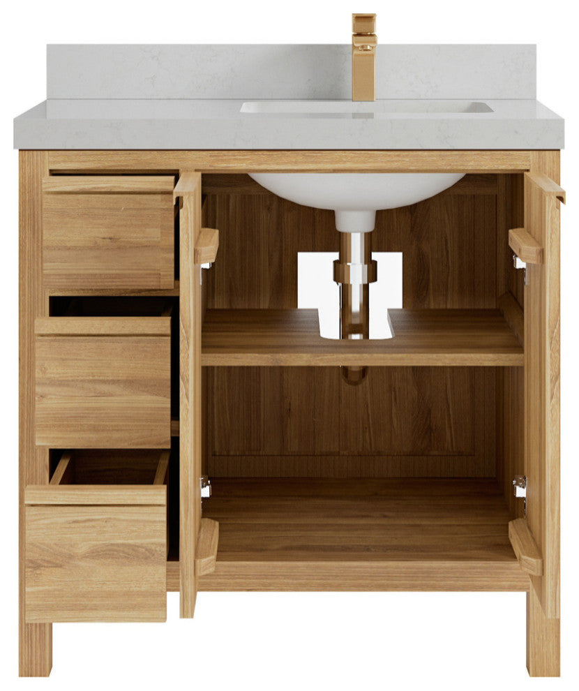 Elizabeth 36 Right Offset Bath Vanity in Light Natural Teak 2" Carrara Quartz