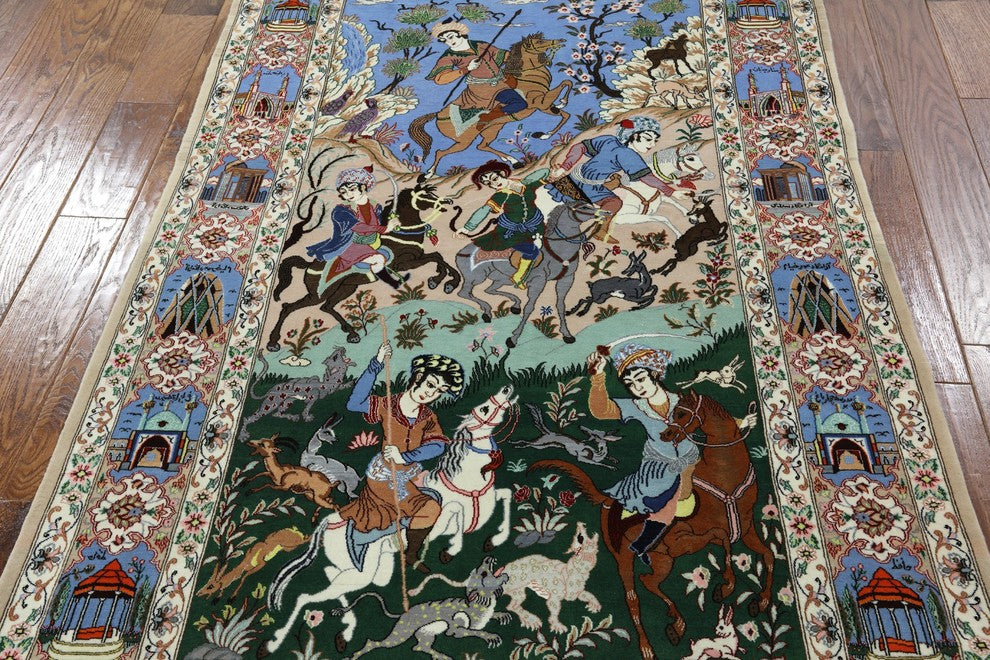 Signed Hand Knotted Authentic Persian Isfahan Hunting Scene Wool/Silk Rug, 4x7