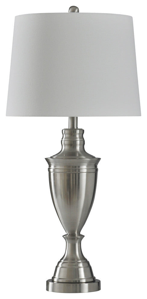 Transitional Brushed Steel Table Lamp, Silver Body, White Shade
