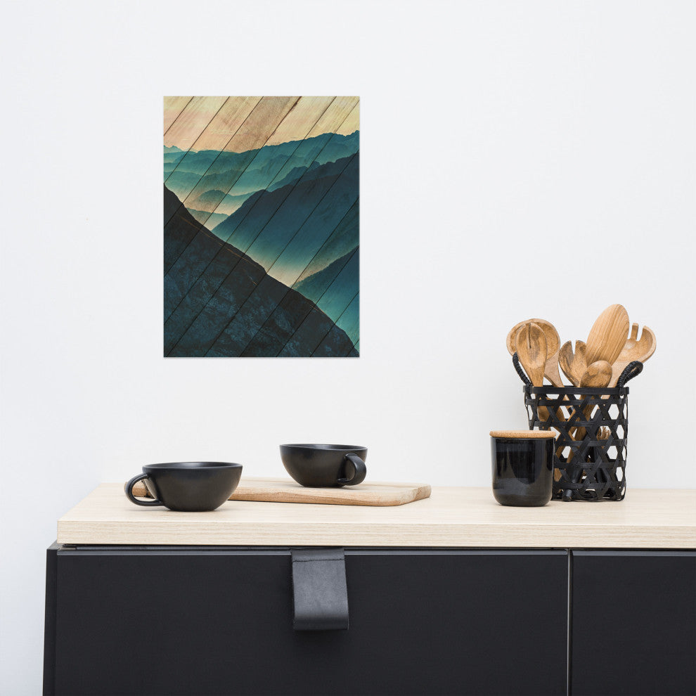Faux Wood Misty Blue Silhouette Mountain Range Landscape Wall Art, 12" X 16"