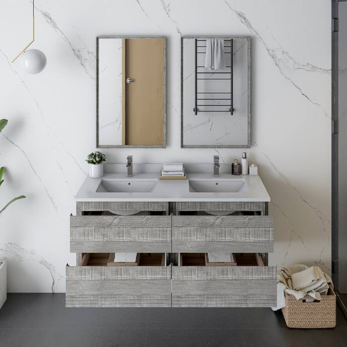 Fresca Formosa Modern 48" Ash Wall Hung Double Sink Vanity Set, Faucet Fft3111bn