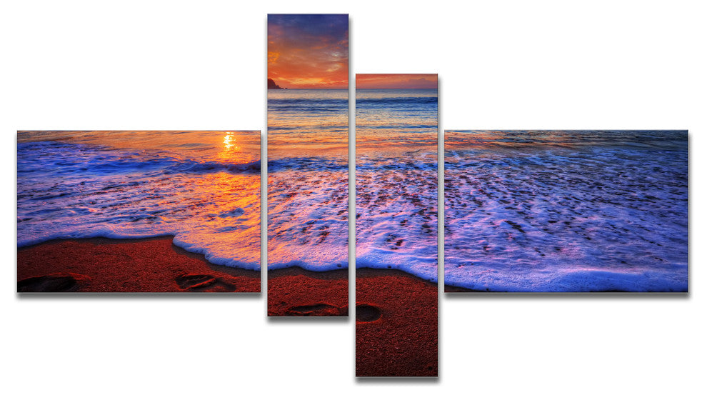 Colorful Sunset Over Beautiful Shore, Seashore Canvas Print, 60"x32", 4 panels