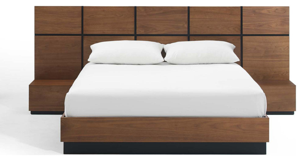 Queen Bed Nightstand Set, Queen Size, Wood, Brown Walnut, Modern Farmhouse