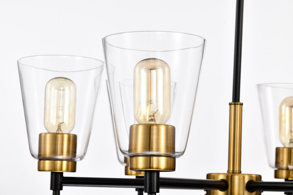 6-Light Black and Antique Brass Chandelier With Clear Cone Glass Shades