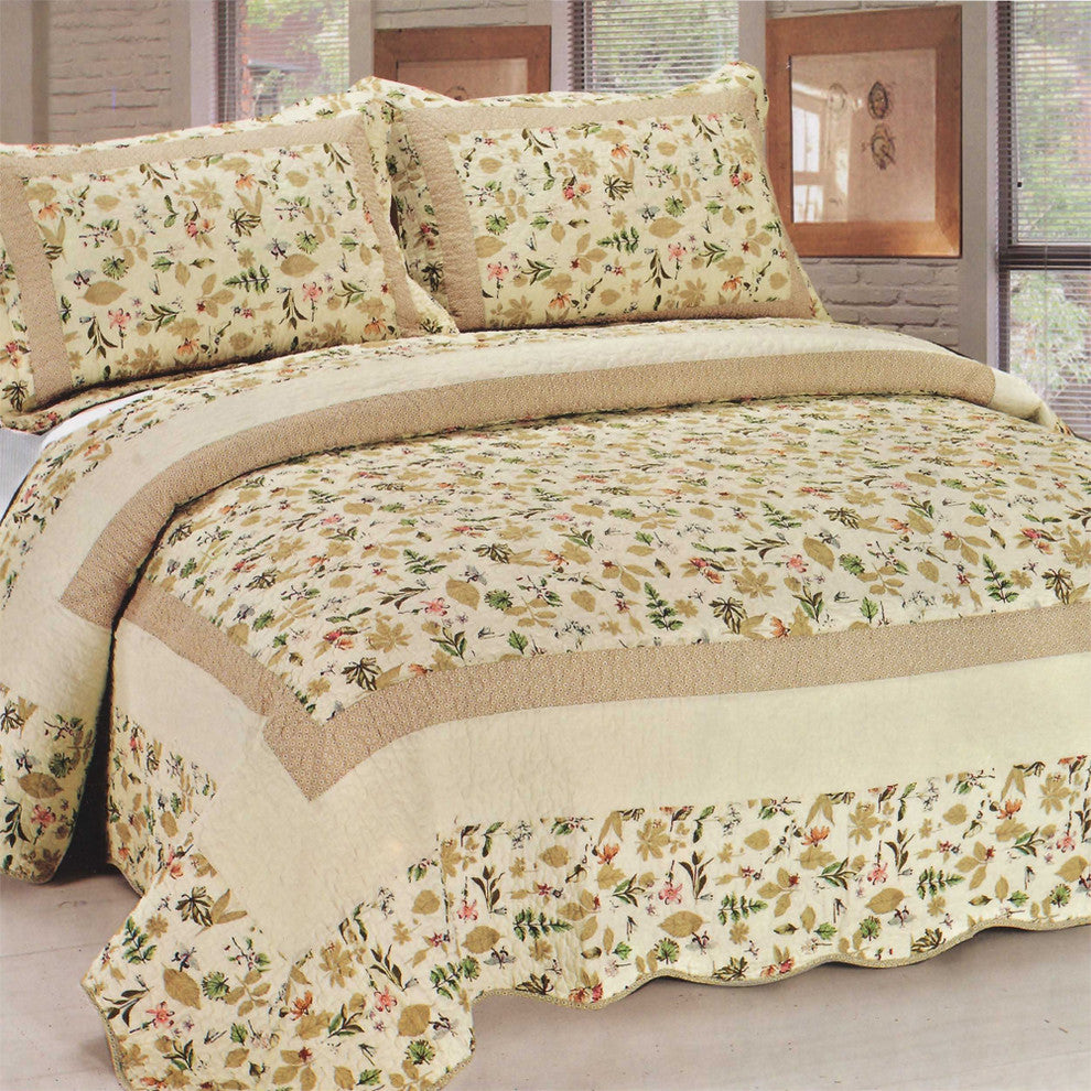 Felicity Cotton 3PC Floral Vermicelli-Quilted Printed Quilt Set Full/Queen