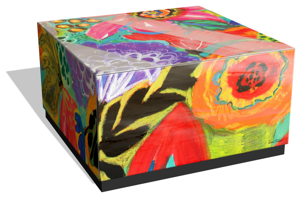 "Secret Garden Floral II" Printed Glass Cocktail Table with Black Plinth Base