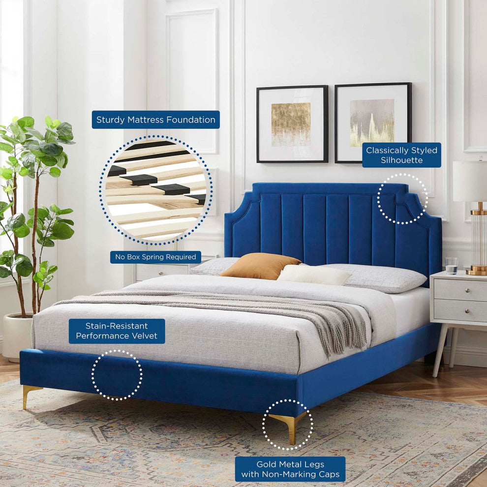 Platform Bed Frame, King Size, Velvet, Blue Navy, Modern Contemporary, Bedroom