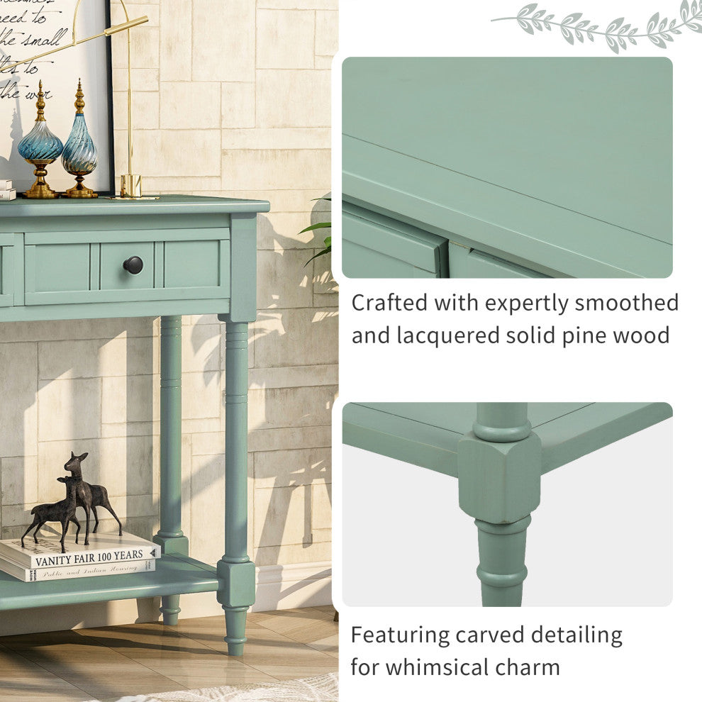 Console Table with Two Drawers and Bottom Shelf, Antique Blue
