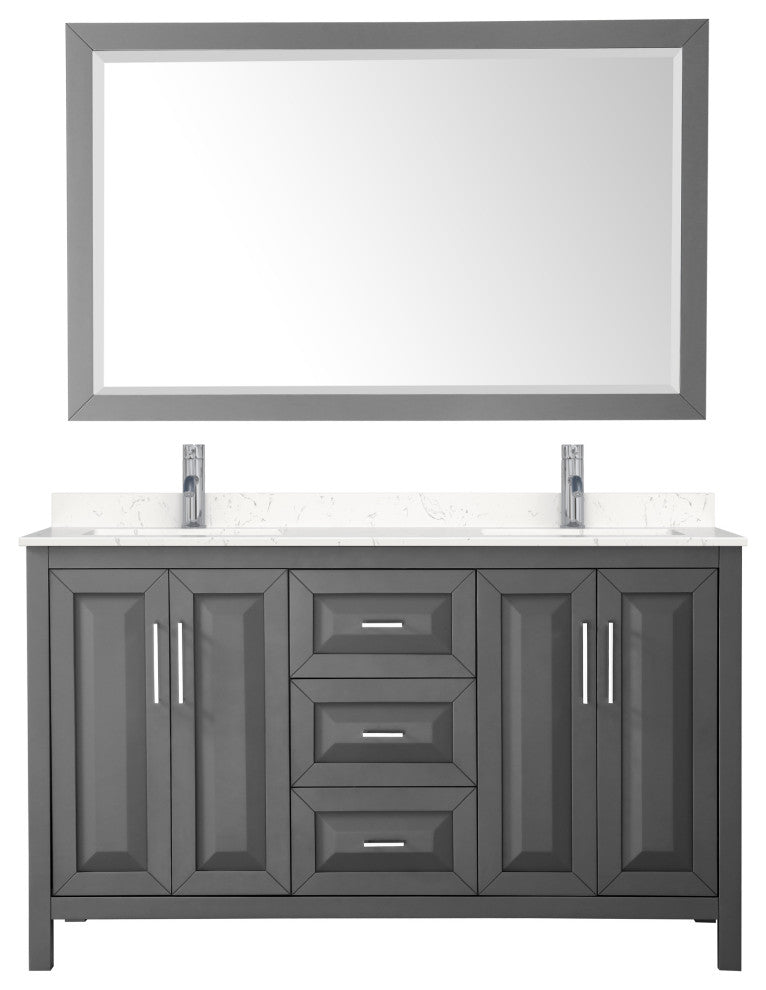 60, Double Vanity, Dark Gray, Light-Vein Marble Top, SQ Sinks, 58, Mirror