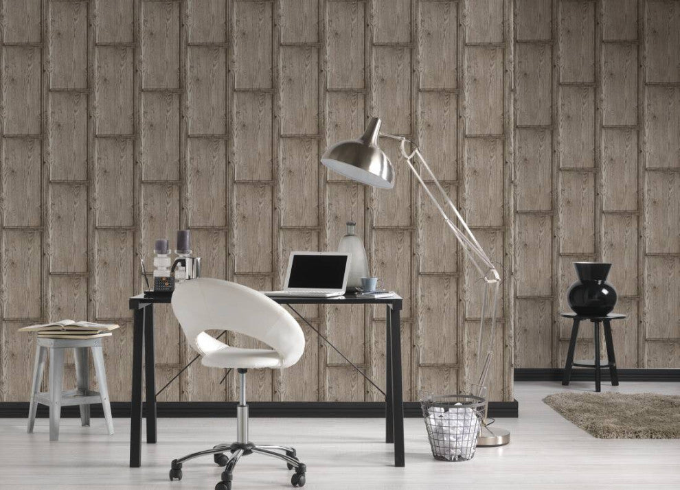 Loft Textured Wallpaper Featuring Rustic Wood, Brown Gray, One Roll