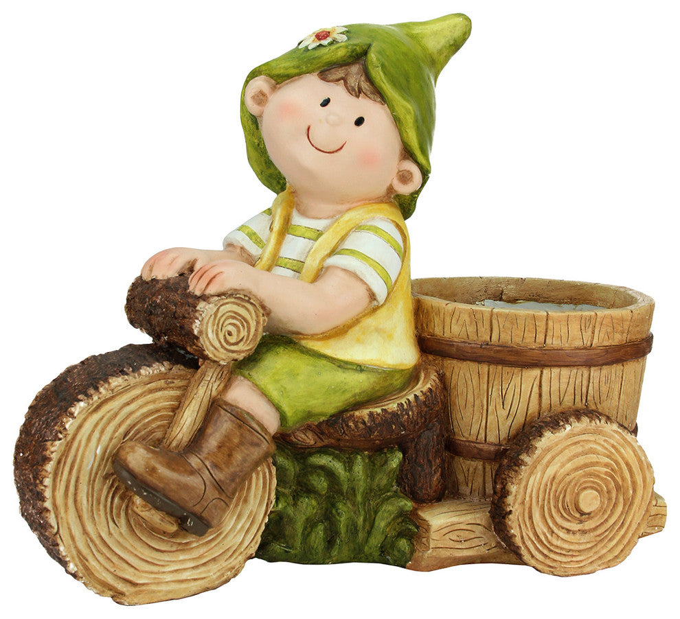 16.25" Young Boy Gnome Riding Bicycle with Flower Pot Outdoor Garden Patio Plant