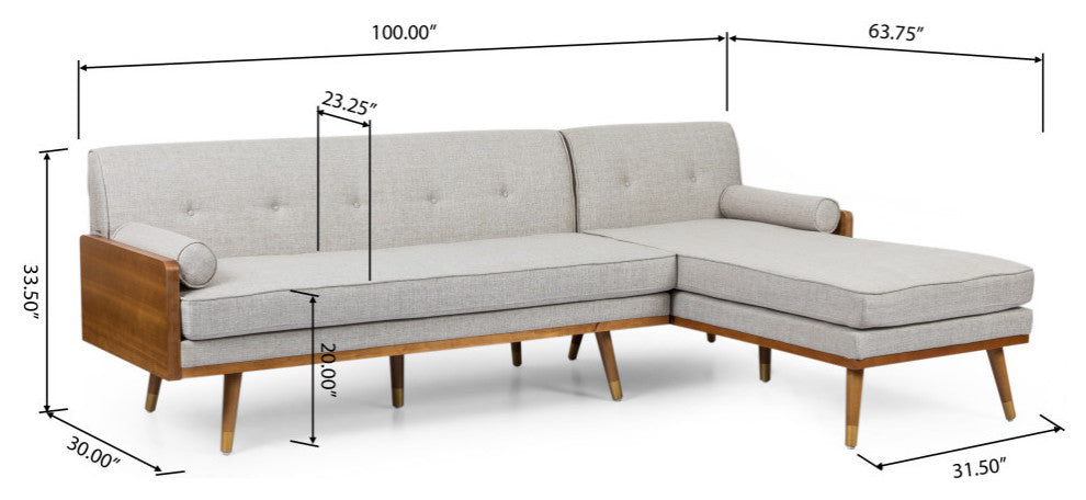 Haddie Fabric Chaise Sectional, Beige and Dark Walnut