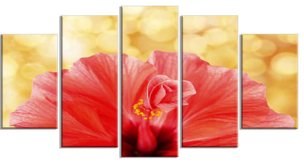 Hibiscus Flower with Lit up Background, Floral Canvas Artwork, 60"x32", 5 Panels