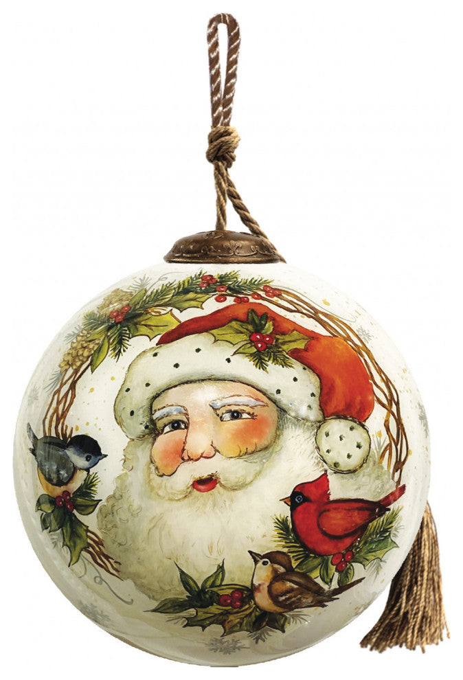 Winter Wreath Forest Santa Hand Painted Mouth Blown Glass Ornament
