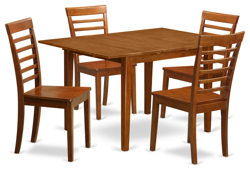 5 Pcmilan With Leaf And 4 Wood Seat Chairs In Saddle Brown