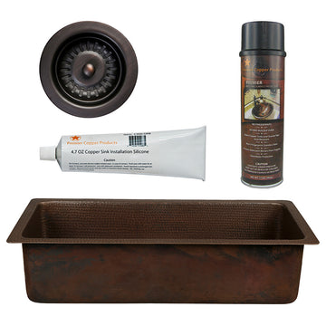 28" Rectangle Hammered Copper Bar/Prep Sink, 3.5" Drain Opening