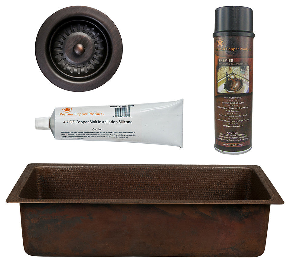 28" Rectangle Hammered Copper Bar/Prep Sink, 3.5" Drain Opening