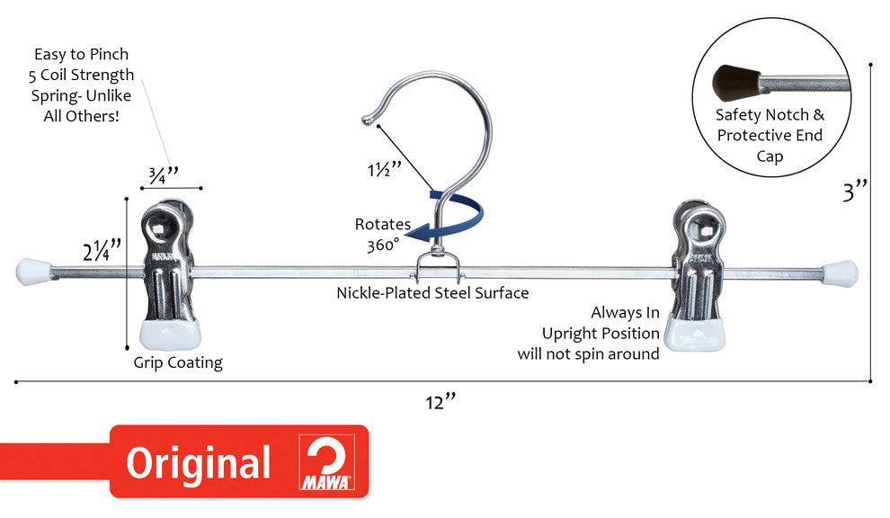 12" Pant Hangers, 2 Clips, Set of 10, White