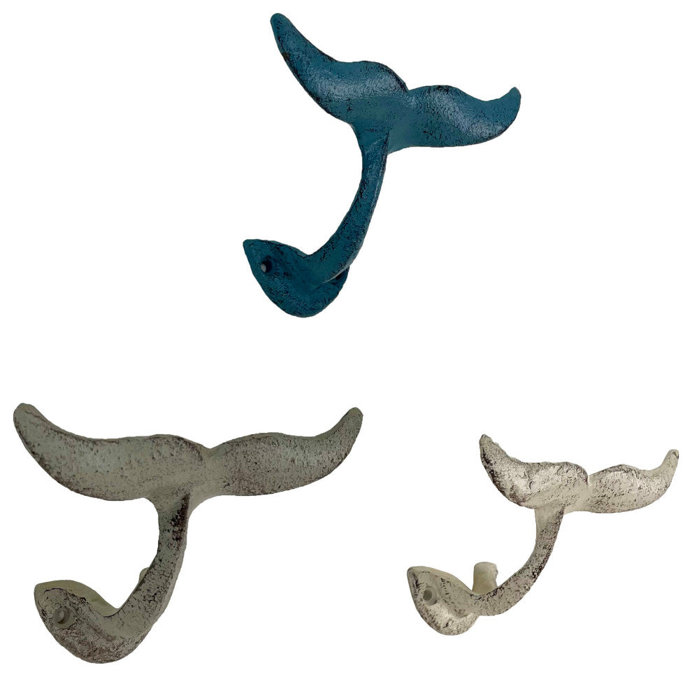 Set of 3 Cast Iron Nautical Whale Tale Wall Hooks
