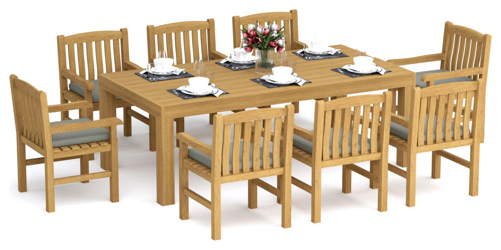 9-Piece Outdoor Patio Teak Dining Set: 86" Rectangle Table, 8 Devon Arm Chairs