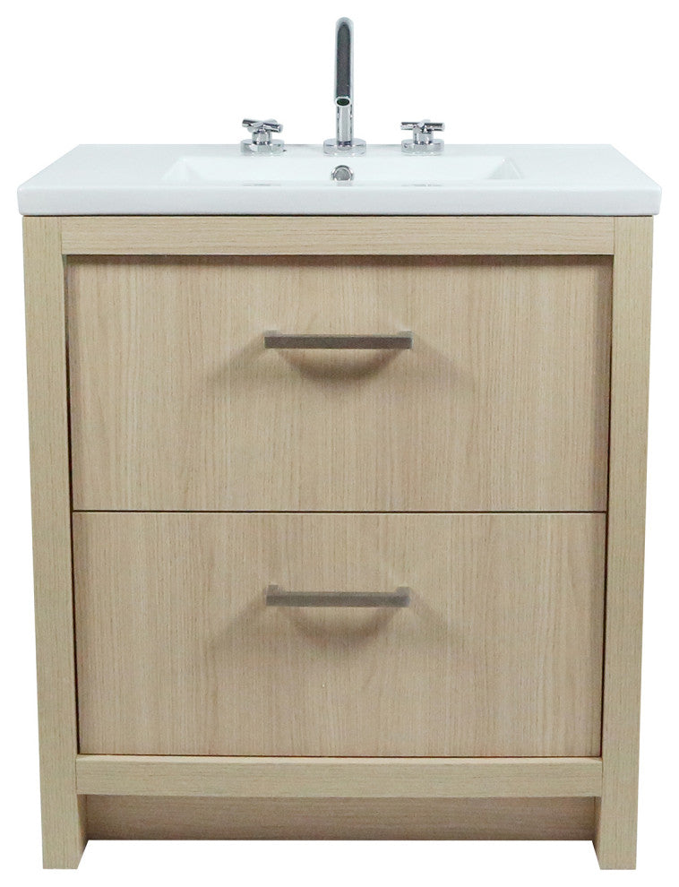 30" Single Sink Vanity, Neutral Finish With White Ceramic Top