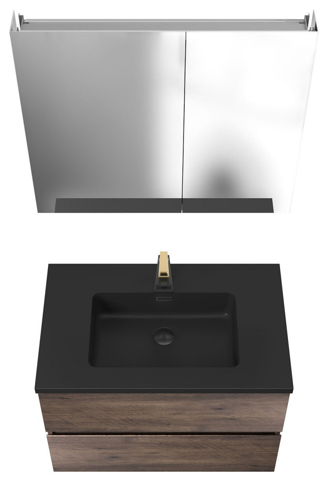 ConceptBaths Edith Wall Mount Bathroom Vanity With Black Top, Rose Wood, 30"