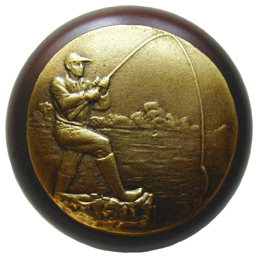 Catch of the Day Wood Knob, Antique Brass, Dark Walnut Wood Finish, Antique Bras