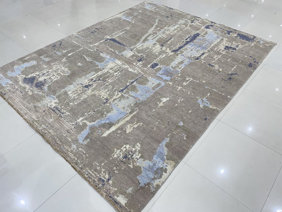 Hand-Knotted Wool Gray Transitional Abstract Traditional Knot Rug, 7'10x10'