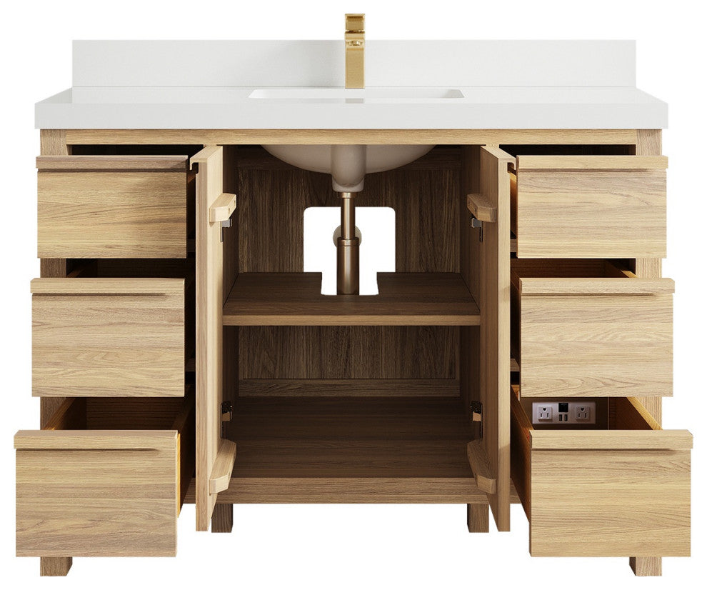 Elizabeth Oak 48" Single Sink Vanity, White 2" White Quartz