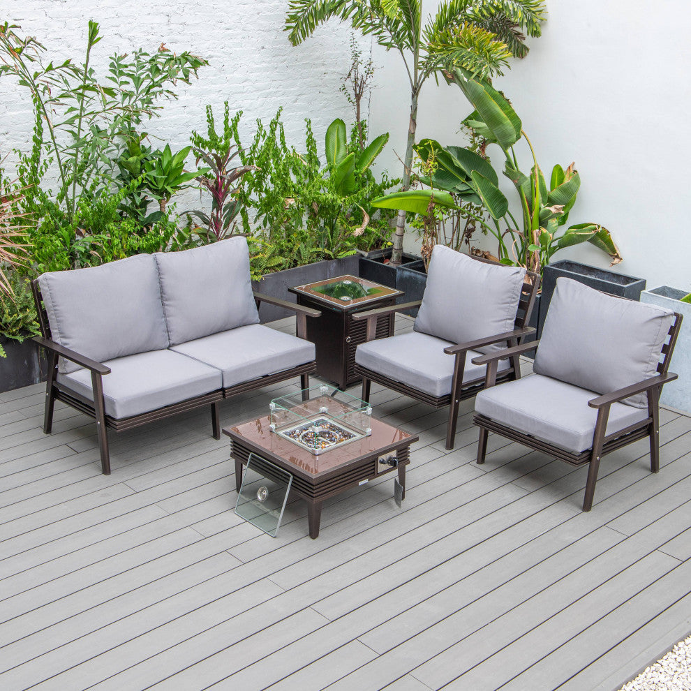 LeisureMod Walbrooke Patio Conversation Set With Fire Pit Table, Grey